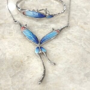 Franz Porcelain Butterfly Necklace & Bracelet Set Blue Hand Painted Signed
